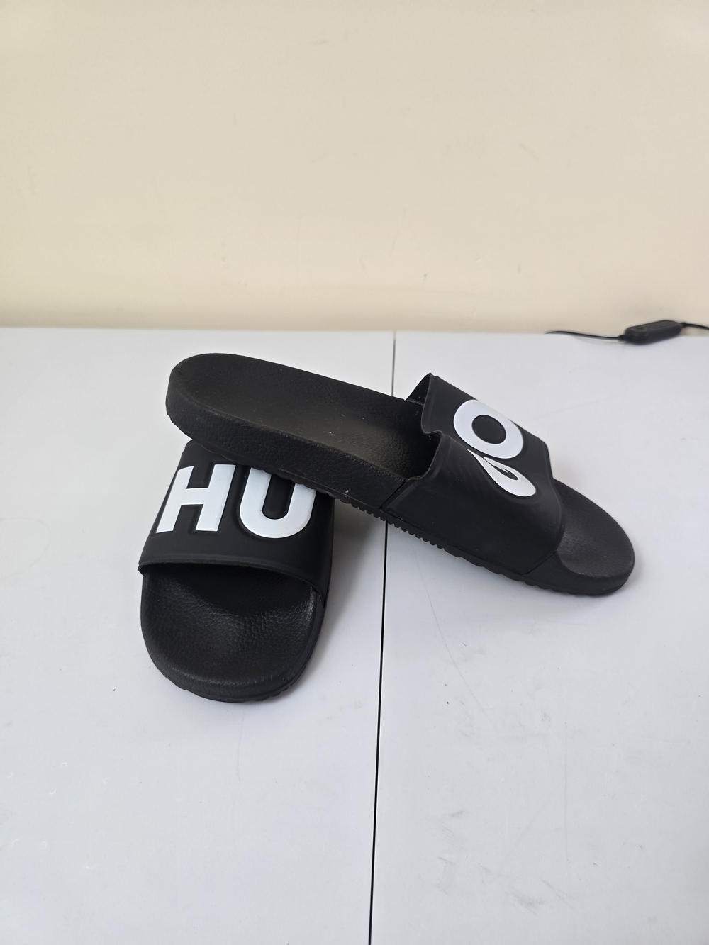 HUGO Black Slide Sandals with White Logo